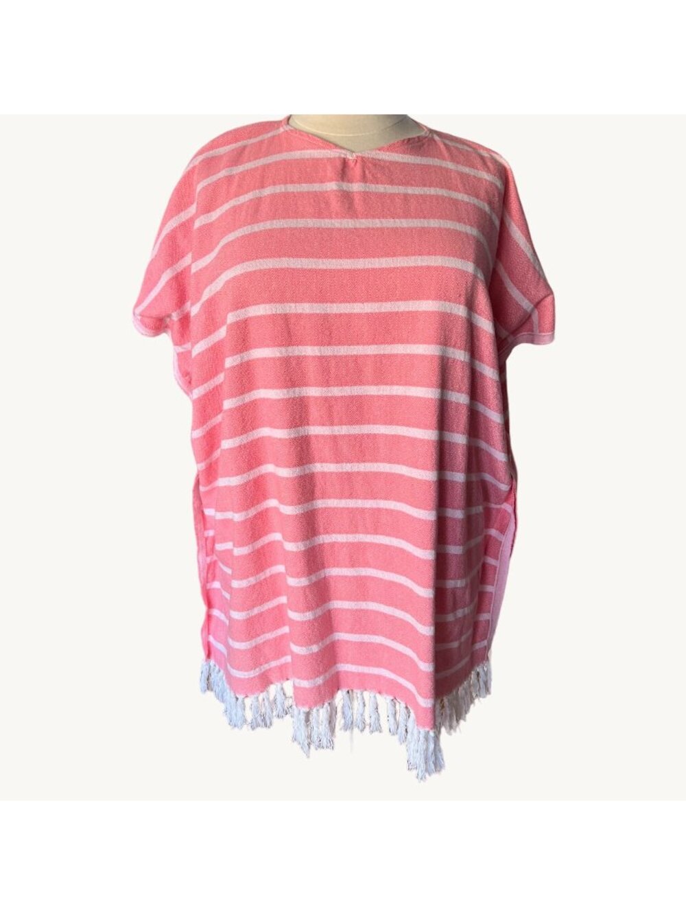 Jennifer Shamam OS Pink & White Striped Hand Woven Tassel Kaftan Beach Cover Up